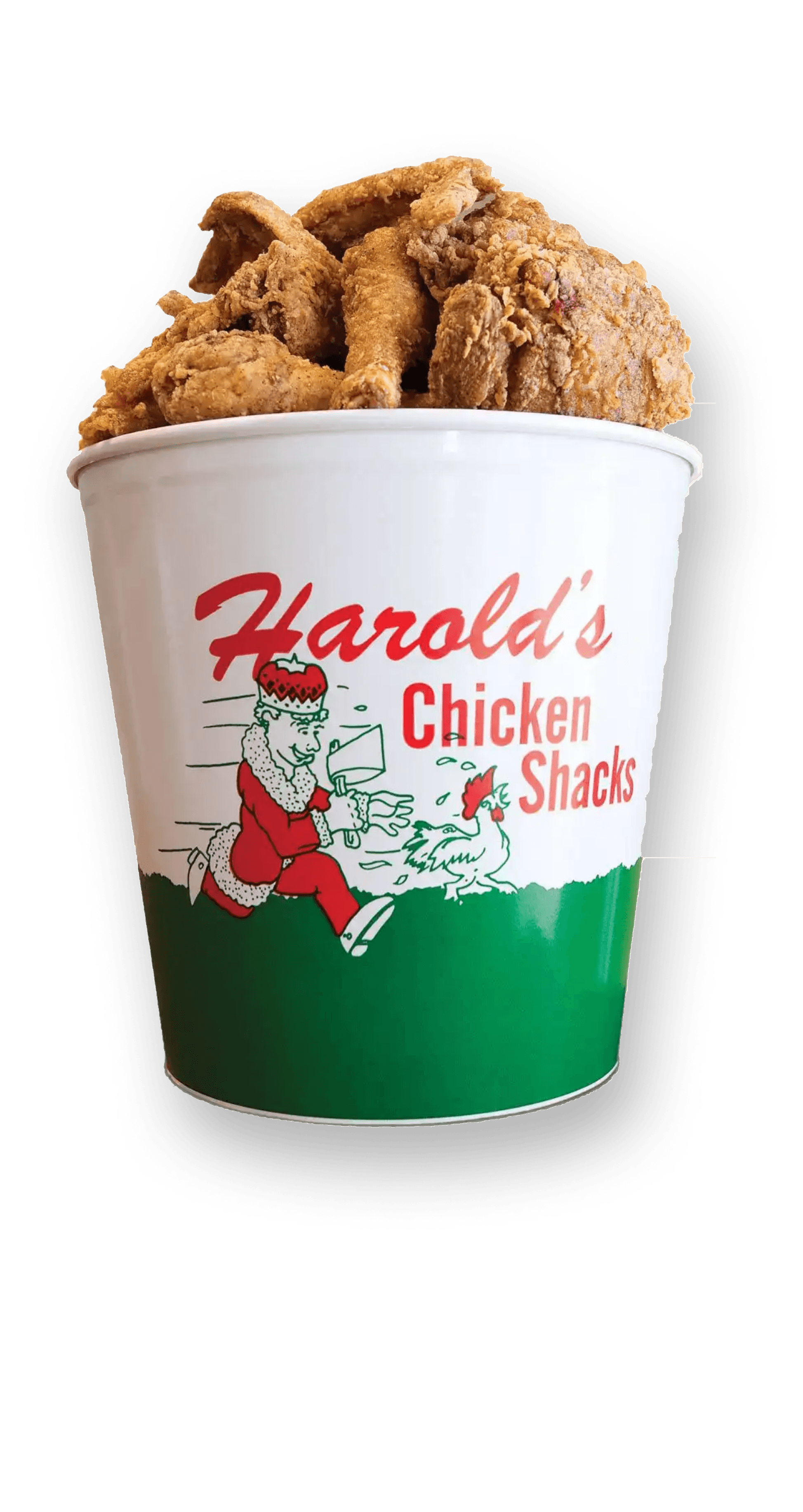 Signature Harold's Chicken bucket featuring fresh fried chicken